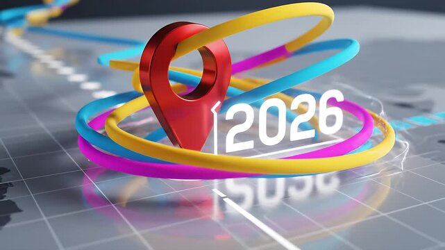 A red location pin sits on a stylized map with colorful rings swirling around it, alongside the year 2026, suggesting travel or a future plan