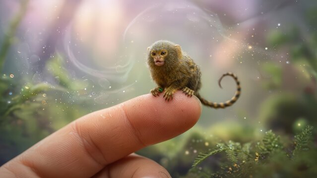 Miniature Pygmy Marmoset on a Finger in a Magical Glowing Nature Background
