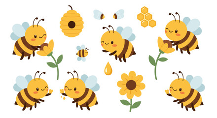 Fototapeta premium Cute bee character collection, happy cartoon bees with flowers, honeycomb and hive, simple vector illustration for children, nature theme