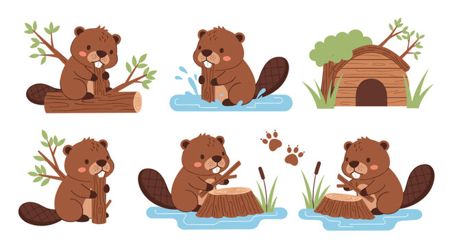 Cute cartoon beaver set, building dam and gnawing wood, in various poses with natural elements like trees and water, playful and charming forest