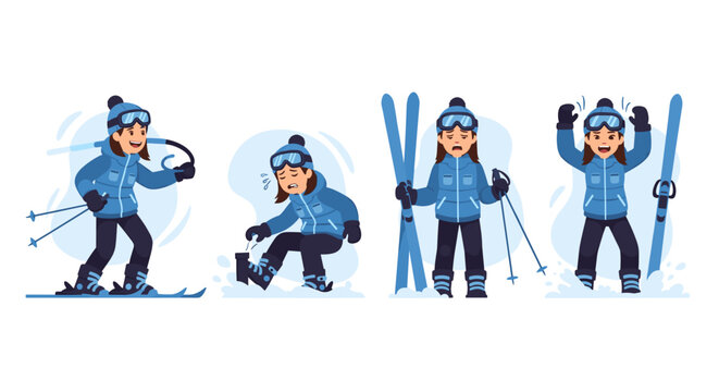 Set of vector skier girl in different poses, skiing, falling down, standing with skis, and celebrating victory on snowy background, vector