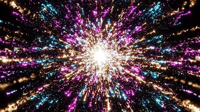 Dynamic vibrant light particles exploding outwards in an abstract cosmic burst, creating a mesmerizing tunnel of energy and movement for futuristic digital backgrounds