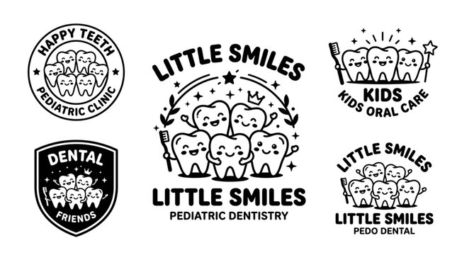 Dental logos with cartoon teeth smiles.