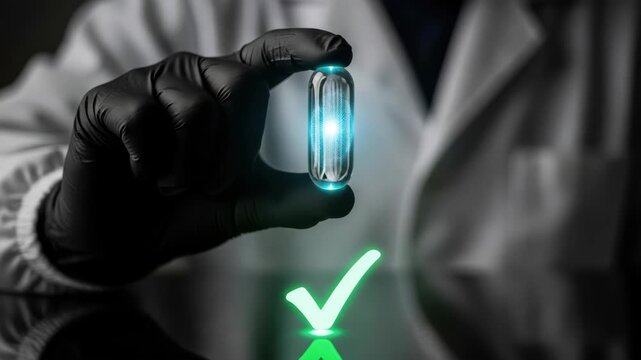 Lab technician holding gloved hand with glowing capsule in sterile laboratory showcasing pill testing, FDA drug approvals, and medical innovation