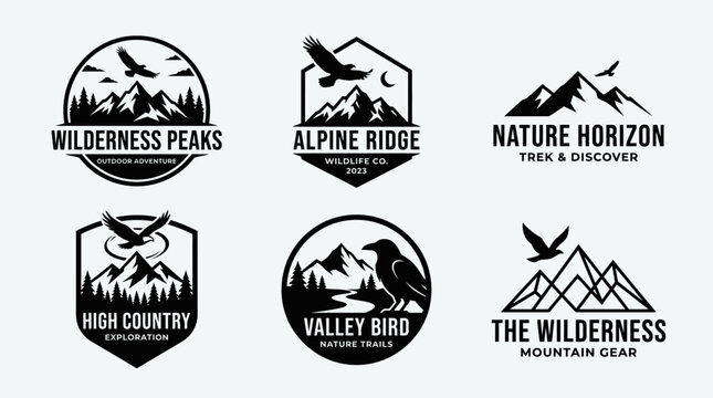 Mountain logos with bird silhouettes.