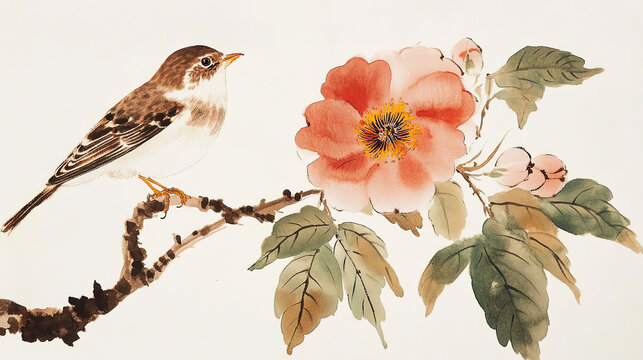Traditional Chinese brush small bird perched branch above red pink bloom bird brown white dark spots open beak flower red pink petals yellow brown center green sepals horizontal branch green brown lea
