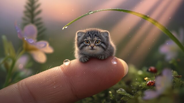 A charming miniature manul kitten sitting on a human finger, with magical sparkles and soft sunset light.