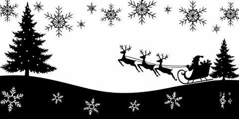 santa claus and reindeer silhouette with winter landscape © prince