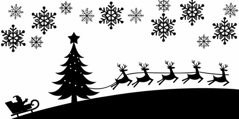 christmas scene with reindeer and tree black silhouette © prince