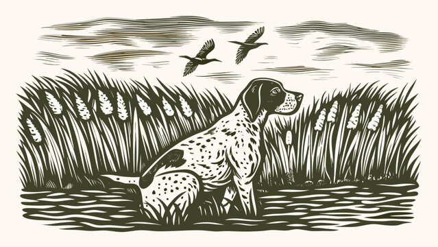 Spotted dog in tall grass vintage woodcut illustration