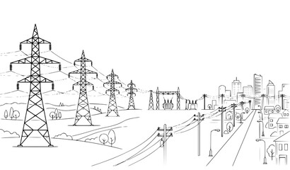 Fototapeta premium Electric power grid outline vector with transmission towers and energy lines