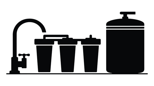 A black silhouette illustration shows a faucet with water filter containers on a countertop.