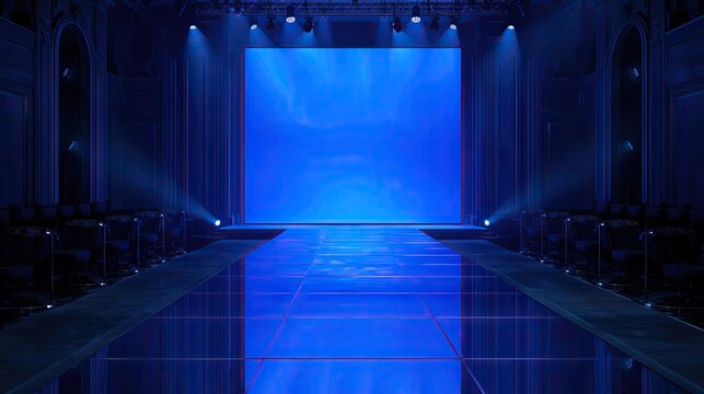 Blue Fashion Show Runway Stage with Bright Spotlights and Reflective Floor