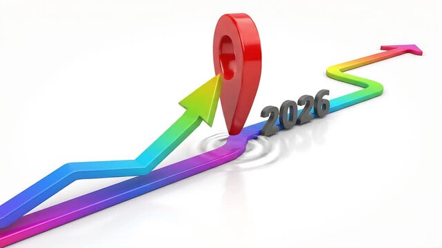 A colorful arrow, representing progress, leads to a location pin and the year 2026, symbolizing future goals and direction