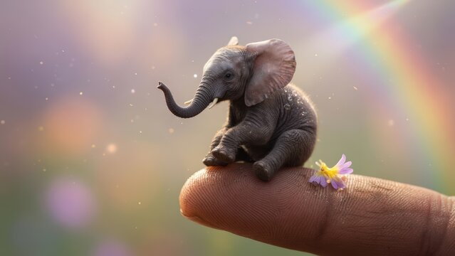 Miniature Baby Elephant Sitting on Human Fingertip with Magical Rainbow and Bokeh Background.