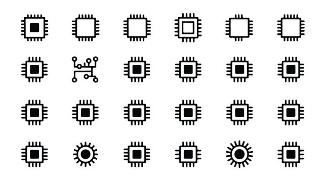 The collection of 20 black and white microchip designs in a digital illustration format