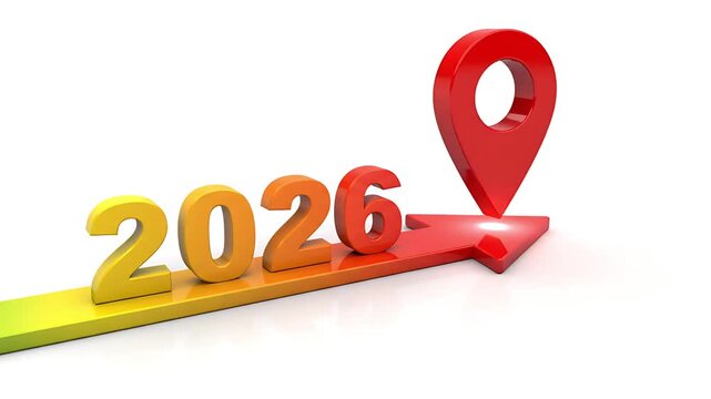 Future planning and goal setting with a map pin on the year 2026, indicating a destination or target date. The arrow symbolizes progress and forward movement towards future aspirations and objectives
