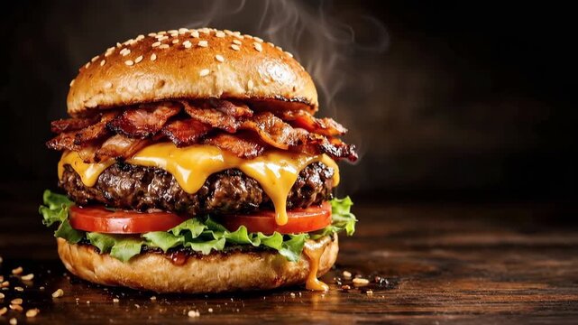 A burger is being served with layers of bacon and cheese, placed on a wooden table at a diner during a busy lunch hour in the city.