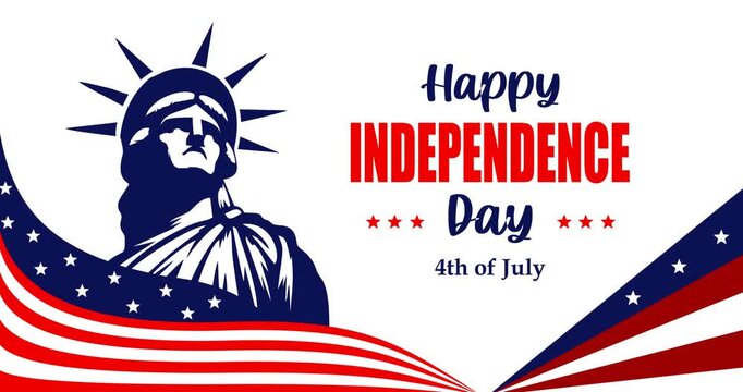 Happy Independence Day 4th of July text animation with American flag decoration and Statue of Liberty silhouette.