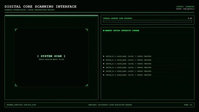 Digital Core Scanning Interface Screen Displaying Biometric Authentication System Scan And Memory Sector Integrity Stream Verification Green HUD Software.