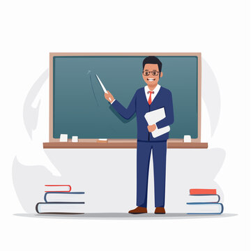 Teacher with Pointer and Books in Front of Blackboard