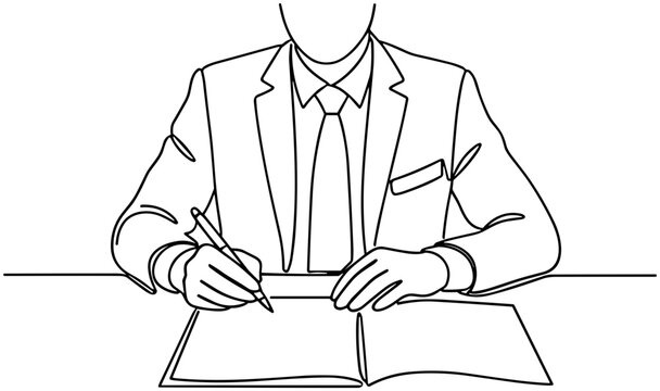 Businessperson signing document with pen, continuous line drawing