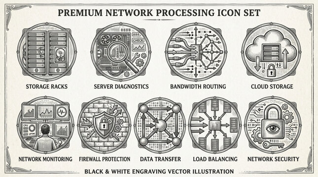 Premium Network Processing Icons Set Vintage Style.