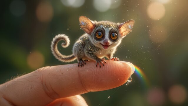 Miniature Galago Bushbaby with Big Eyes Sitting on Human Fingertip in Enchanted Forest Style.