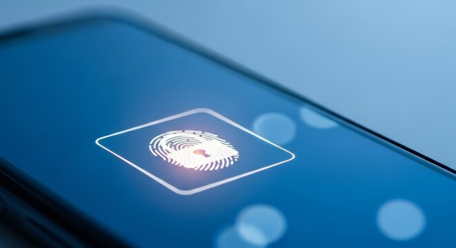 Close up of a fingerprint biometric scanner on a modern mobile device displaying a secure unlock authentication screen.