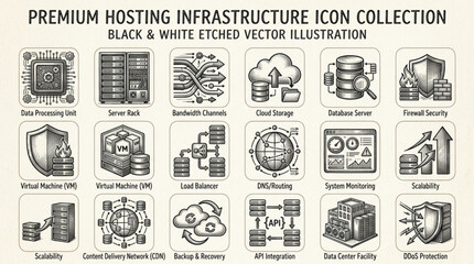 Premium Hosting Infrastructure Icon Collection Black and White Etched Vector Illustration. © Kirun