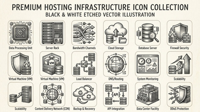 Premium Hosting Infrastructure Icon Collection Black and White Etched Vector Illustration.