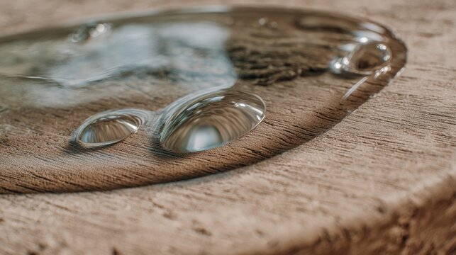 Macro close-up of transparent epoxy resin poured into natural wood surface. Glossy liquid texture with air bubbles and organic grain detail for handmade furniture and artisan design