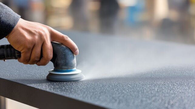 Worker polishing epoxy resin surface with electric sander in workshop. Industrial finishing process for modern furniture production, smooth texture preparation and artisan craftsmanship
