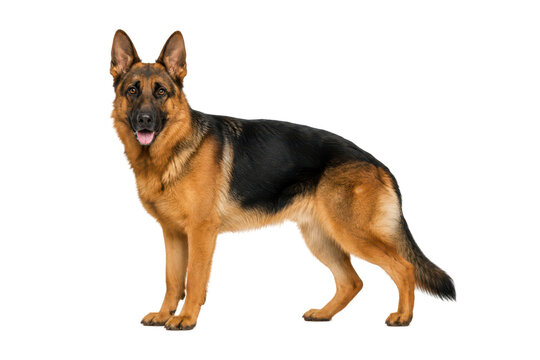 Beautiful German Shepherd dog standing in full body side view isolated on white background, alert expression, intelligent working breed, loyal family companion, professional studio animal portrait