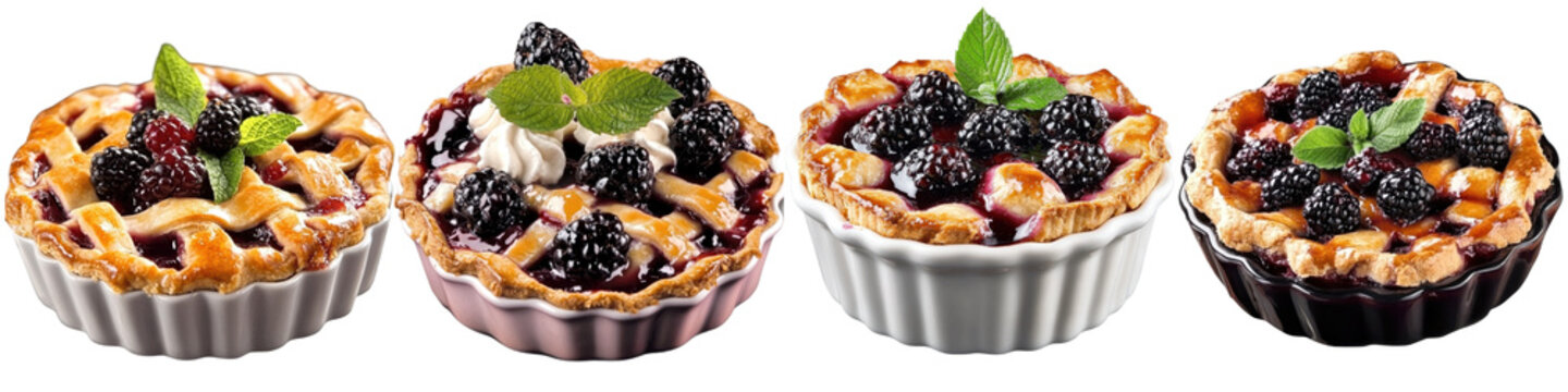 Set of Four Waffles Topped with Berries and Cream Isolated on White Background - Breakfast and Brunch Food Collection
