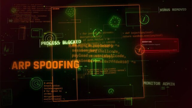 Cybersecurity Hacking HUD Background with ARP Spoofing Data