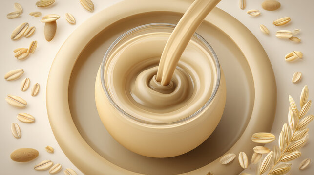 illustration of oat milk being poured from a height into a glass cup, creating a dynamic crown-shaped splash. Floating oat grains orbit the glass to symbolize high nutritional value and energy. 