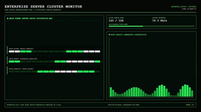 Enterprise Server Cluster Monitor Dashboard Showing Main Frame Server Racks Activation Map and Node Traffic Bandwidth Distribution Green HUD Screen.