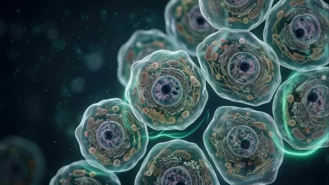 Microscopic biological cells group with glowing aura seamless loop background