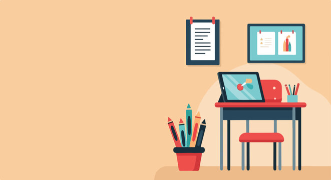 A colorful illustration of a modern student's study desk featuring a tablet, art supplies, and educational charts on the wall.