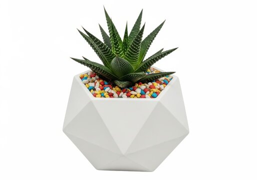A white geometric planter pot filled with colorful stones and a small green succulent plant.