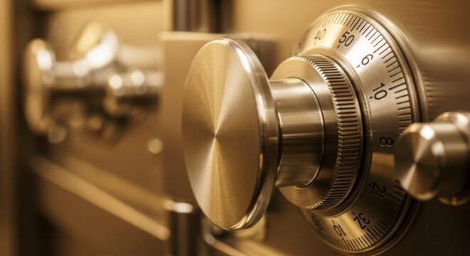 Close-up view of a metallic vault dial and locking mechanism on a secure safe door