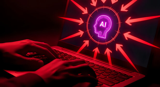 Hands typing on laptop with red arrows pointing to glowing artificial intelligence icon machine learning security