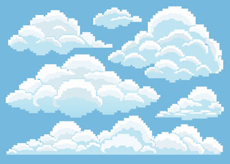 Fototapeta premium pixel art clouds fluffy white shapes on blue background
