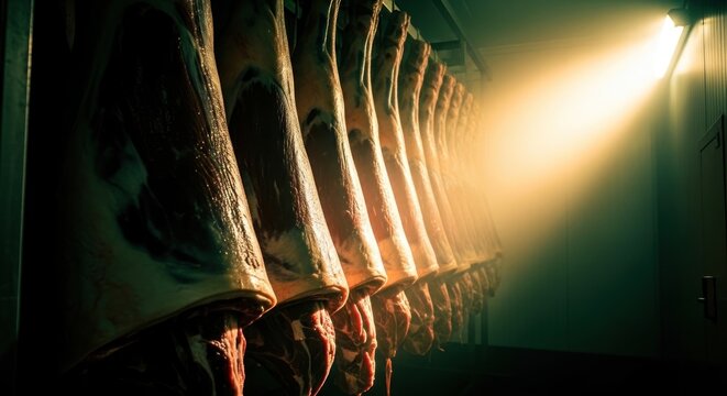 Meat hooks in a dark butcher shop.