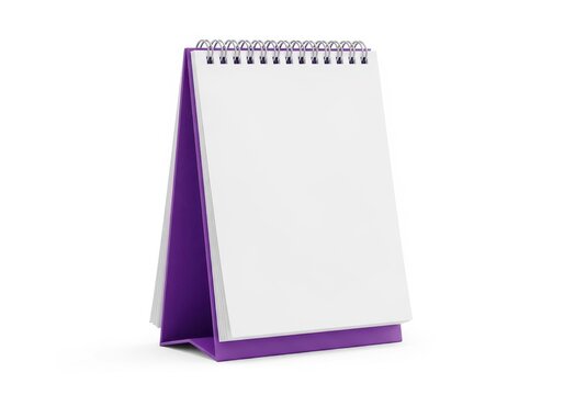 A purple and white triangular desk calendar with a spiral binding