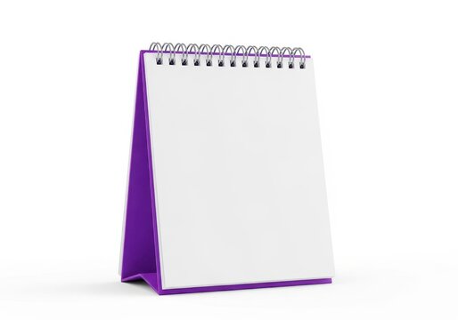 A white desk calendar with purple accents and a spiral binding on top