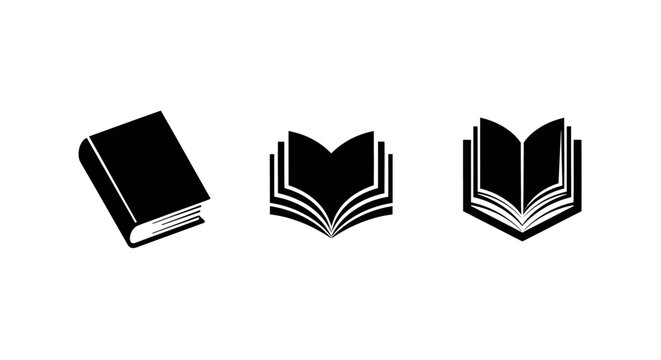 Black and white book icons in various open styles.
