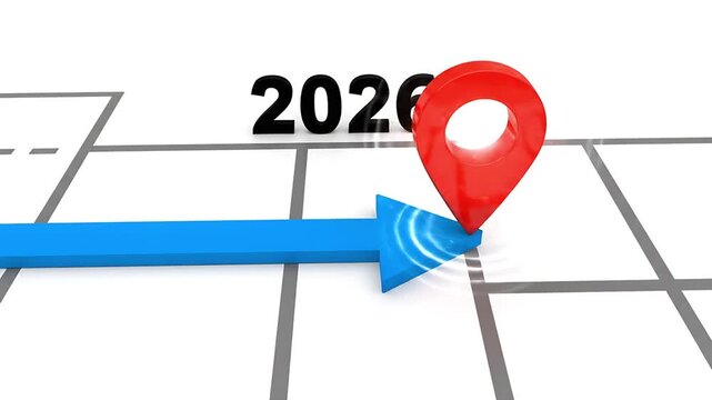 A red map pin is marking a destination on a calendar for the year 2026, with a blue arrow indicating progress and direction. The image signifies planning, goal setting, and future direction