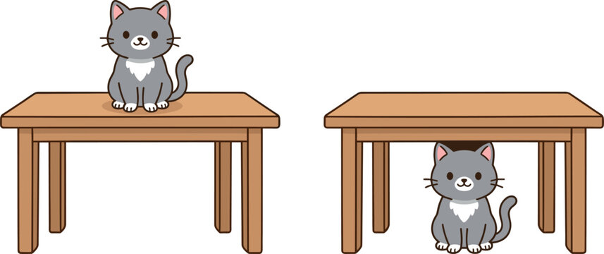 
Cute Cartoon Gray Cat Sitting On Top and Under Wooden Table Set for Kids, Education, Preposition Learning, and Pet Designs